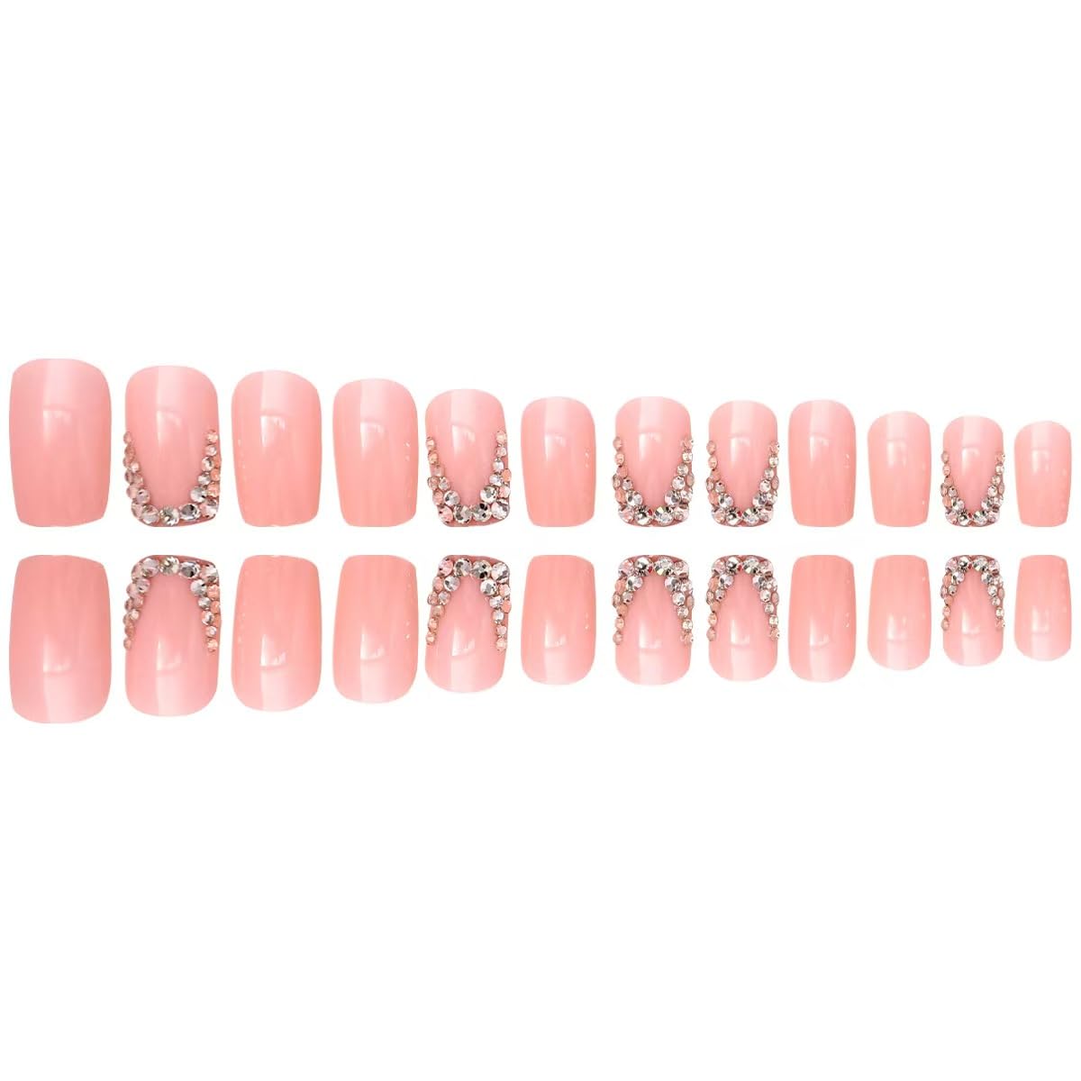 Square press on Nails Medium French Tip Fake Nails with Rhinestone Design Full Cover Sparkling Stick on False Nails for Women 24 Pcs