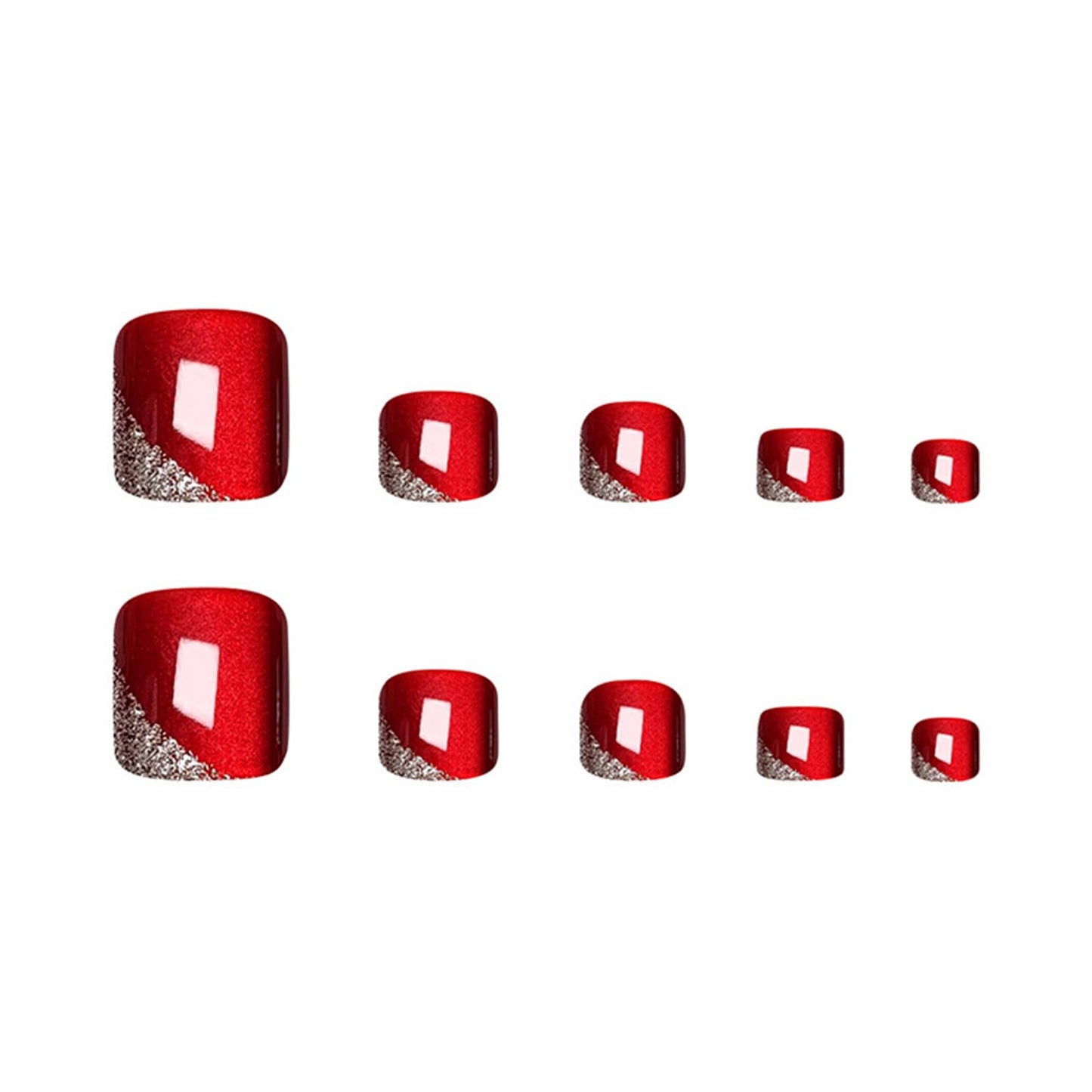 Red Press on Toenails French Tip Fake Toe Nails Cat Eye Acrylic Toenails Short Square False Toe Nails with Silver Glitter Designs Glossy Wine Red Artificial Nail for Women Girls Manicure
