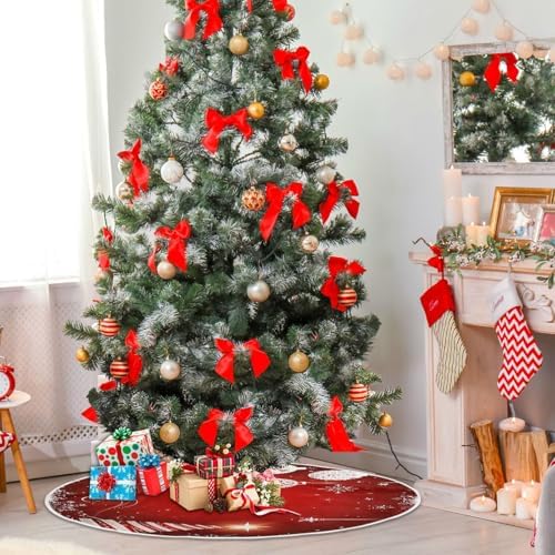 Christmas Tree Skirt 36" Winter White Snowflake Red Ball Xmas Tree Skirts Mat Round Pad for Happy New Year Holiday Party Supplies Rustic Ornaments Indoor Home Decor