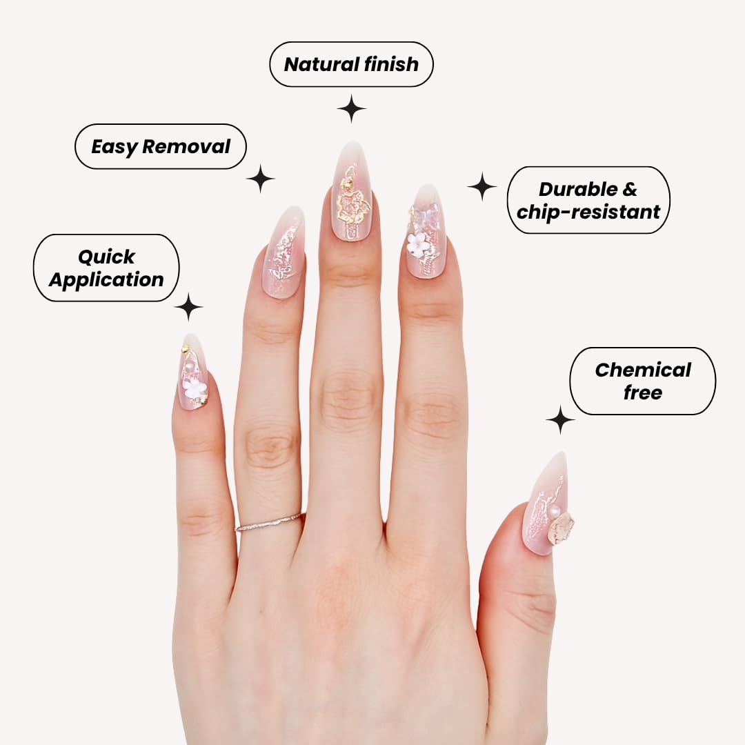 Votrenaeil Press On Nails - Spring Bloom | No Glue Short Almond Pink Ombre Fake Nails with 3D Floral for Wedding - 24 Pcs Nail Kit with Adhesive Tabs