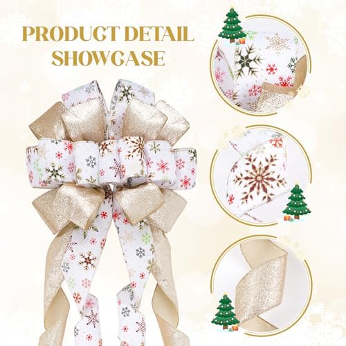 Christmas Tree Topper Bow, 13" Large Gold White Glitter Ribbon Bow with Snowflakes Print, Elegant Xmas Tree Top, Long Wired Ribbon, Decoration for New Year Holiday Party & Farmhouse Decor