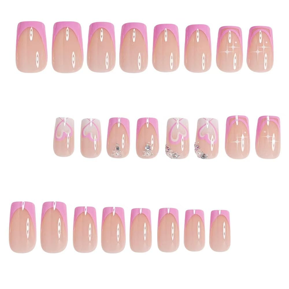 Pink French Tip Press on Nails Medium Square Fake Nails with Heart Rhinestone Design Valentine's Day False Nails for Women 24 Pcs