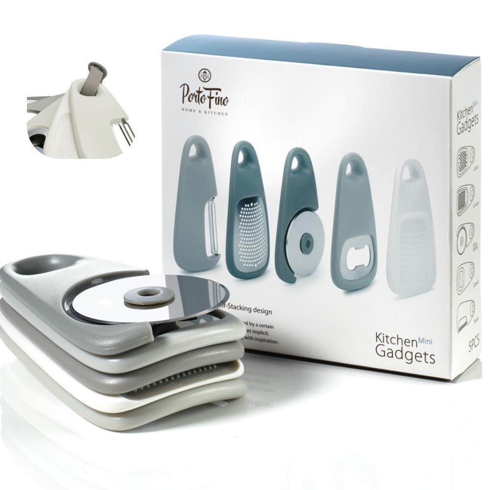 PortoFino Kitchen Gadgets Set 5 Pieces, Includes Pizza Cutter, Cheese Grater, Vegetable Peeler, Bottle Opener, Garlic Grinder, RV Kitchen Accessories, Space Saving Design, Dishwasher Safe