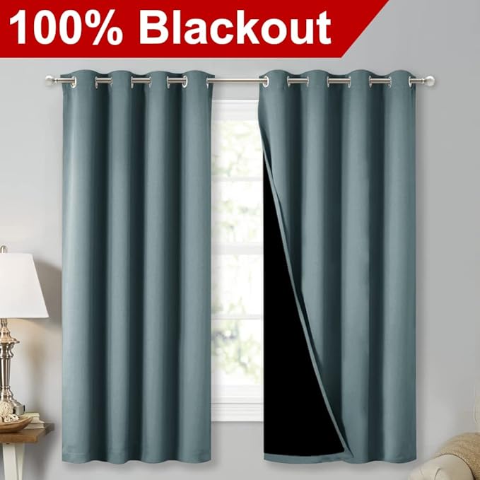 NICETOWN Extra Long Truly Blackout Drapes for Hall and Villa, 46-inch Width Each Panel, 45-inch Length, Greyish Blue, 2 Pieces, 100% Blackout Window Curtains with Black Lined for Night Shift Worker