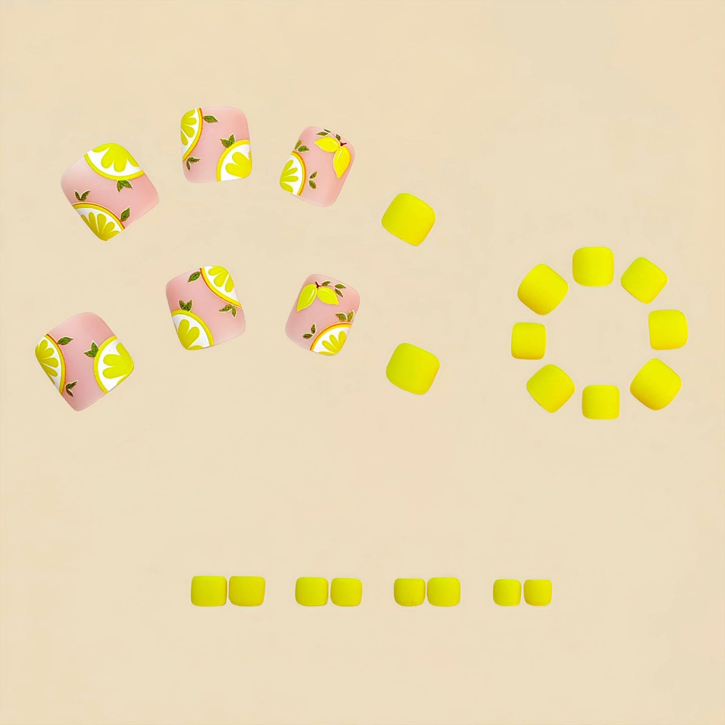 Summer Press on Toenails Pink Fake Toe nails with Yellow Lemon Pattern Design Short Square Toe nails Press ons Acrylic Stick on Toenails for Women 24Pcs