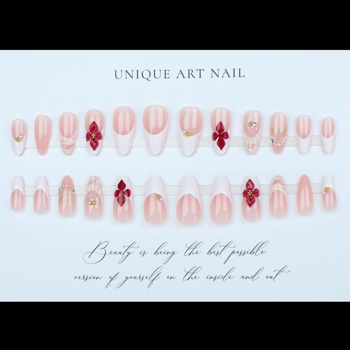 Medium Press on Nails Almond, French Tip Fake Nails with 3D Flower & Ocean Shell Design, Summer Vacation Beach False Nails Press ons, Full Cover Acrylic Glue on Nails for Women Manicure Kit 24Pcs