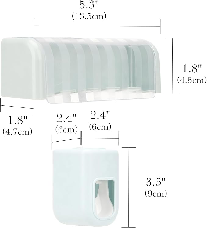5 Slots Wall Mount Toothbrush Holder with Cover, Self Adhesive Toothbrush Storage Organizer for Shower, Toothbrush Hanger with Automatic Toothpaste Squeezer Dispenser (Blue)
