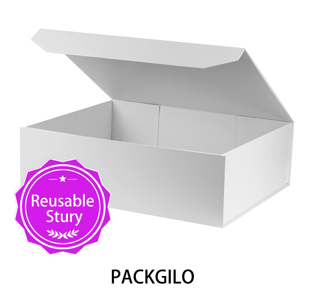 PACKGILO 1 Pcs Matte White Extra Large Gift Box with Lid, 19x16x6 Inches, Hard Magnetic Giant Gift Boxes for Presents Clothes Robe Wedding Dress Sweater,Reusable Foldable Bridesmaid Proposal Box