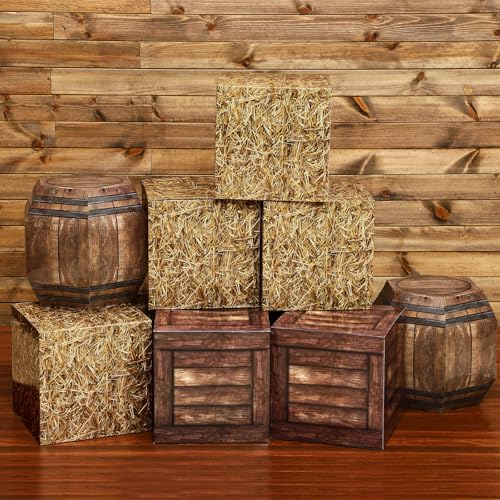 Threehoney 8 Pcs Western Cowboy Party Decorations 11.8 Inches Summer Halloween Hay Bales Boxes Decor Include Wood Grain Wine Barrel Boxes Hay Decoration for Pirate Farmhouse Western Themed Party