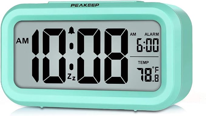 Peakeep Night Light Digital Alarm Clock Battery Operated Indoor Temperature | Small Cordless Cute Clock for Bedroom Desk Travel, Simple to Use for Teens Kids (Mint)