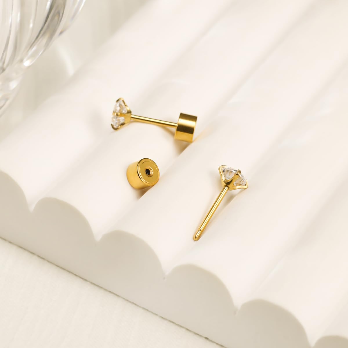 Yetonload Threadless Flat Back Tiny Stud Earrings,Surgical Grade Titanium Hypoallergenic Earrings Men,Gold Cubic Zirconia Studs,Stainless Steel Set, 2-4MM Cartilage Earrings,6 Pairs (A-Gold)