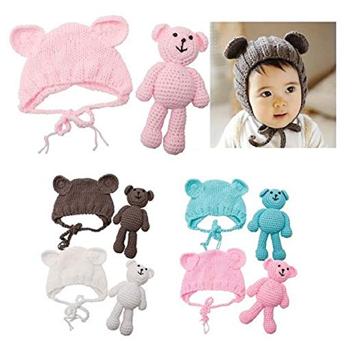 Newborn Baby Crochet Knit Costume Photography Prop Baby Bear Hat and Doll Set - color: White