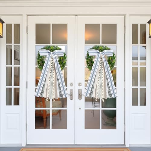 Suncalla 2 Pcs Grayish Blue and Ivory Ribbon Bow for Wreath Front Door