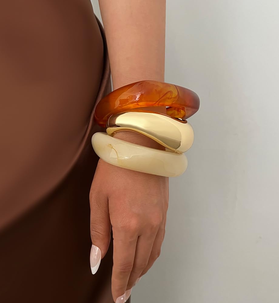 Chunky Gold Acrylic Bangle Bracelets for Women, Dainty 14k Gold Plated Big Stackable Orange Bangles Set, Trendy Cuff Bracelet Summer Beach Jewelry Gifts Amber Bangle
