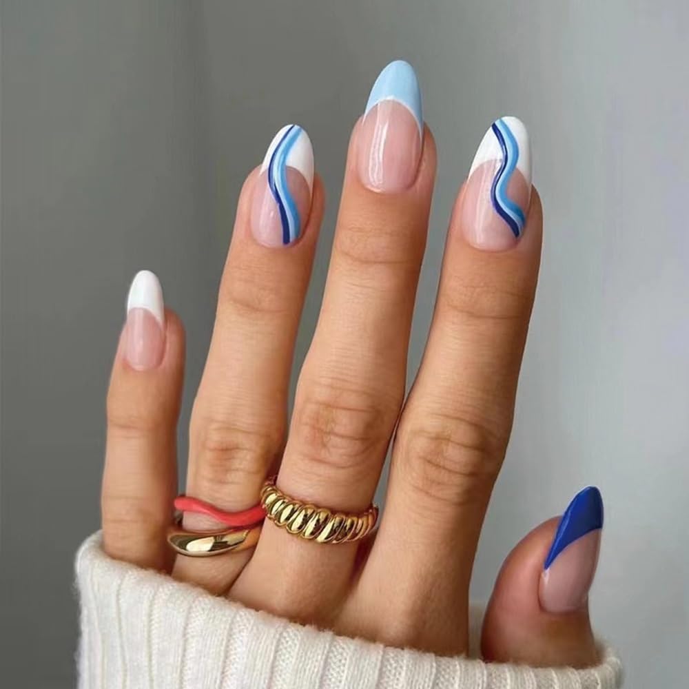 CTTHNBD 6 Pack Press on Nails - Almond, French Tip, Swirl, False, Gel - 144 Pcs, 12 Sizes, 6 Styles
