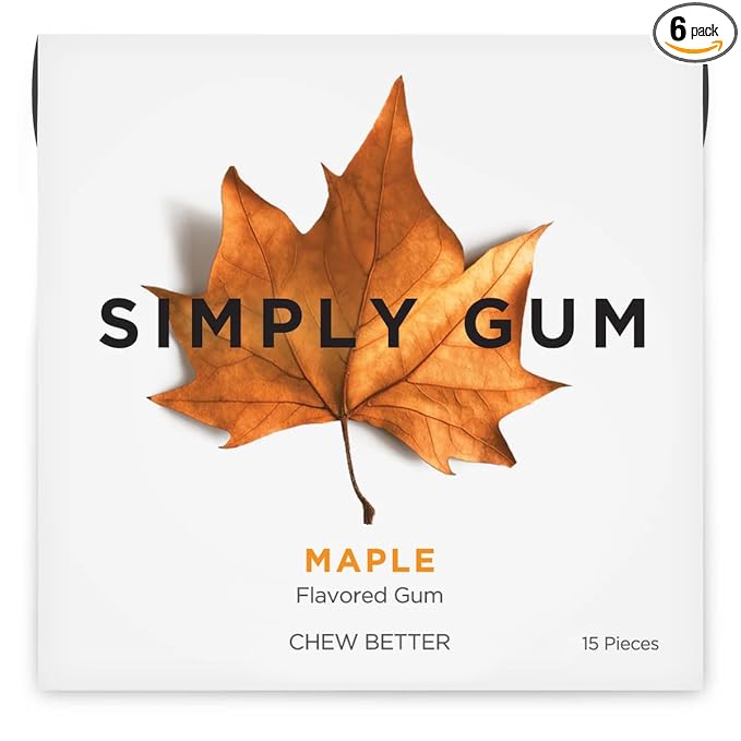 SIMPLY Gum Maple, Plastic-Free Natural Chewing Gum, 6 Pack (90 Pieces) | Vegan, Kosher, Non GMO, Aspartame Free and Sorbitol Free