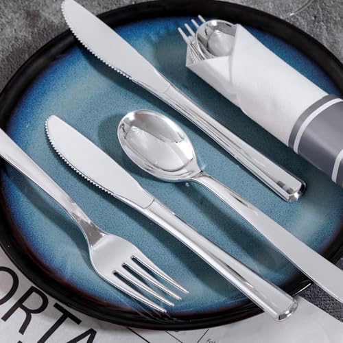 200Guests Pre Rolled Silver Plastic Silverware Sets - Heavy Duty Silver Cutlery - Include 200 Pack Wrapped Disposable Utensils with Napkins for Parties & Dinners & Weddings - color: 200Pack - Silver