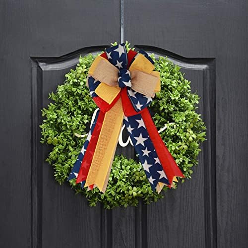 Meseey 1 Pcs Large Red and Blue Patriotic Bow Yellow Deployment of Troops Ribbon Bow for Bunting Wreath Holiday Independence Day 4th of July Party Door Wall Decoration (Patriotic)