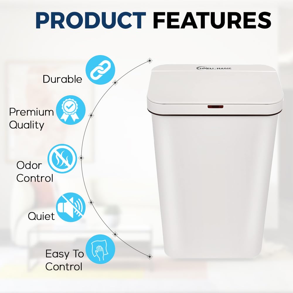 SIMPLI-MAGIC 79502 13 Gallon Touchless Sensor Trash Can, Rectangle Garbage Bin, Perfect for Home, Kitchen, Office, White