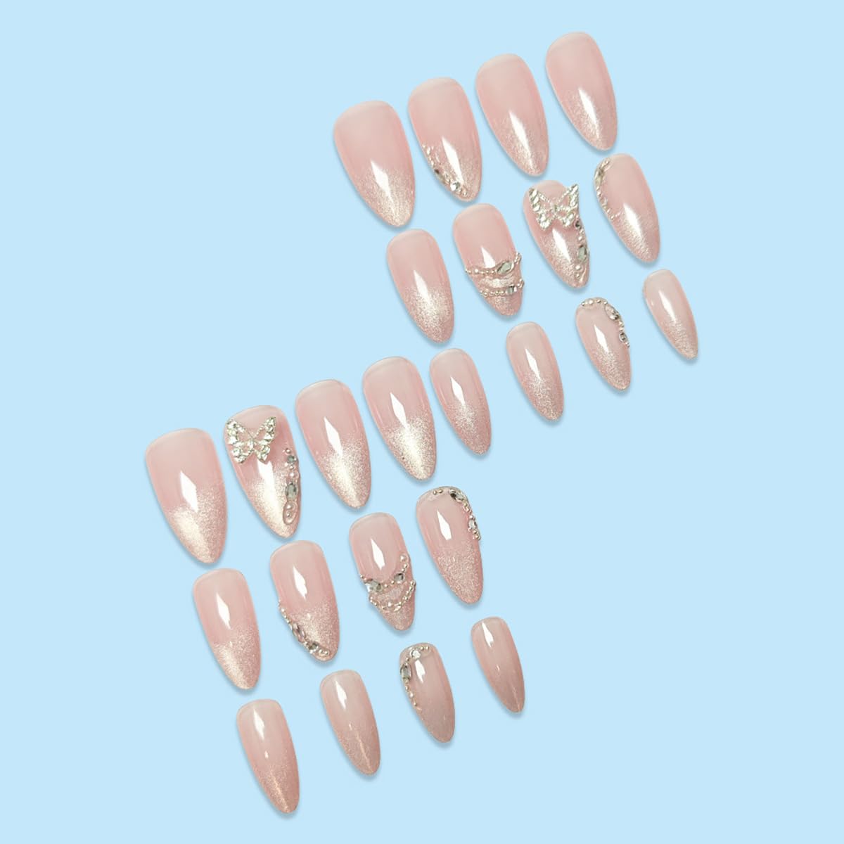 24Pcs Silver Rhinestones Press on Nails Medium Almond Fake Nails Butterfly Gems Glitter Full Cover Acrylic French Tip Glue on Nails Gradient Pink False Nails Stick on Nails for Women Nail Decorations