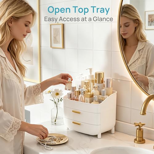 Vtopmart 3-Tier Skincare Makeup Organizer with Drawers for Vanity and Bathroom Countertop, Large Cosmetic Storage Box Case for Dresser, with Non-Slip Base - style: no Lids