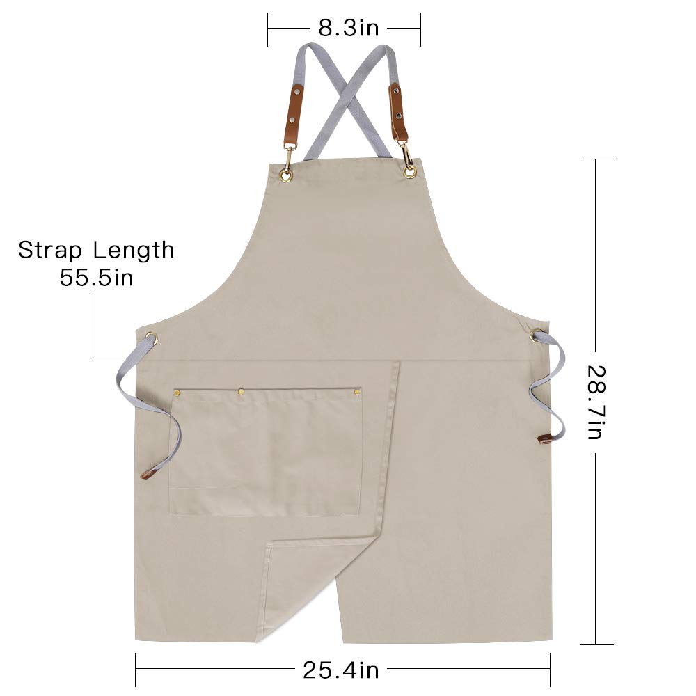 Mignongirl Crossback Apron with Pockets x2,Split Apron with Adjustable Straps,M-XXL (Beige)