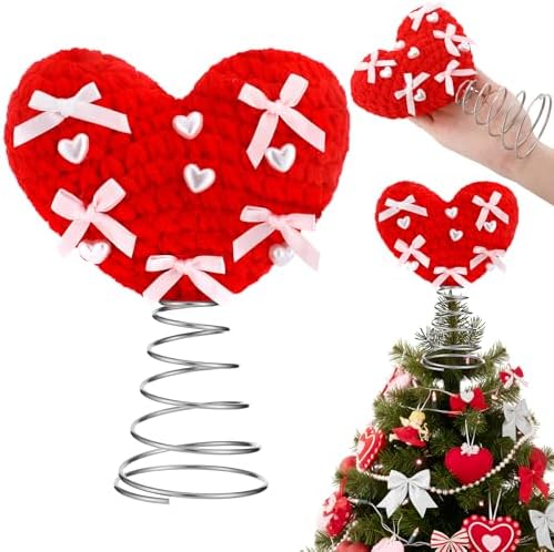 Capoda Valentine's Day Tree Topper Knitted Crochet Heart Topper for Christmas Tree Decorations Handmade Love Treetop with Red Bows for Valentine?€?s Day Holiday Wedding Party Supplies(Knitted)
