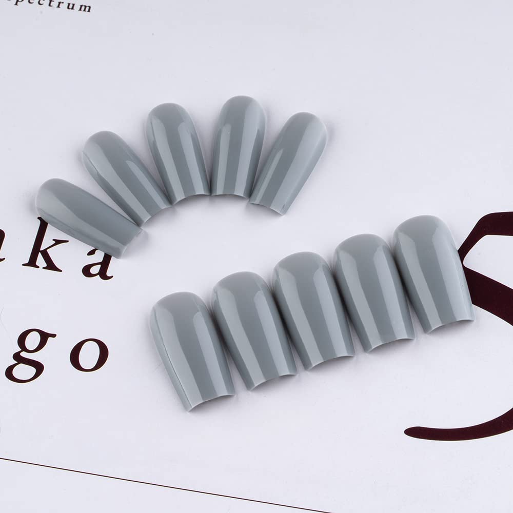 KQueenest Gray Press on Nails Long Medium Square, Stone Grey Fake Nails Medium Coffin, Glossy Sheer Color Acrylic Nails Press ons, Reusable Soft Gel Glue on Nails for Women Fall Winter