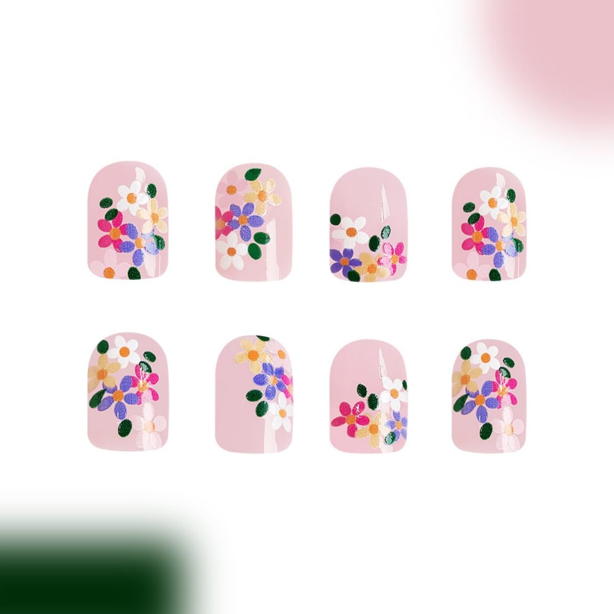 Flower Press on Nails Short Square Fake Nails Pink False Nails Press ons with Designs Floral Glossy Full Cover Cute Acrylic Glue on Nails Artificial Spring Stick on Nail for Women Manicure 24Pcs