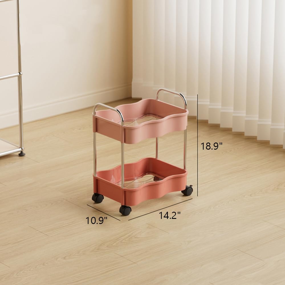 2 Tier Utility Rolling Cart with Wheels Under Desk Storage Cart Organizer with Handle for Home Kitchen Bathroom Office Organization Pink