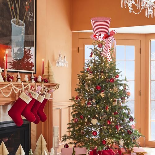 Christmas Tree Topper Hat,10 in Stripes Plaid Xmas Tree Top Hat with Ornaments and Bows,Collapsible Red White Stripe Tree Topper,Christmas Tree Decoration,Xmas Tabletop Ornaments (red)