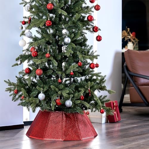 Blissun Fabric Christmas Tree Collar, Glittering Tree Ring, Willow Tree Skirt for Christmas Decorations (Glitter Red)