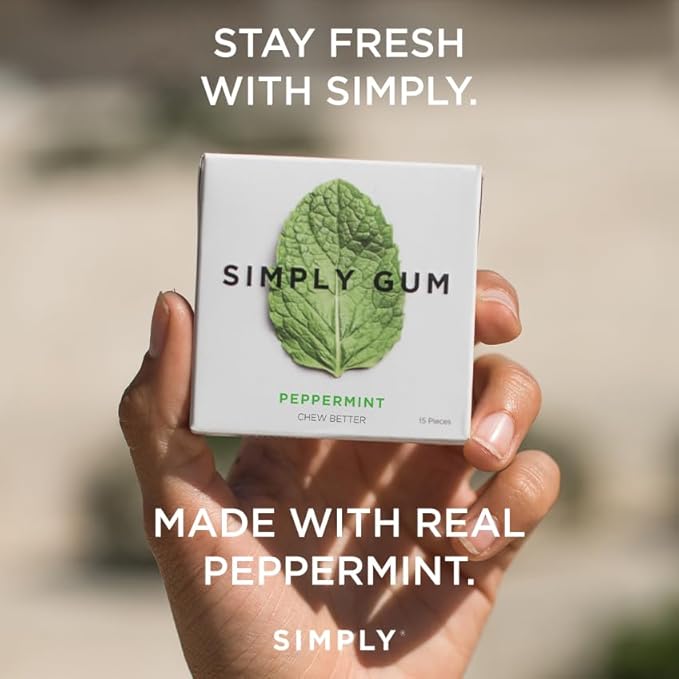 SIMPLY Gum Peppermint, Plastic-Free Natural Chewing Gum, 12 Pack (180 Pieces) | Vegan, Kosher, Non GMO, Aspartame Free and Sorbitol Free