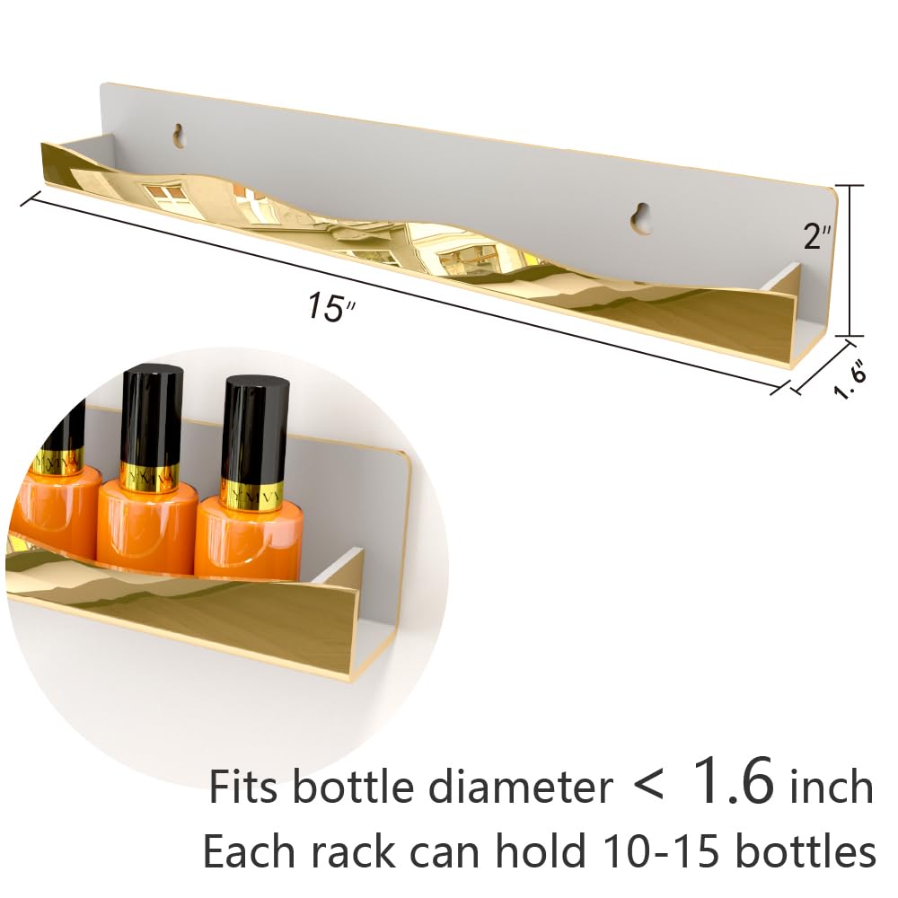YMVV Wall-Mounted Nail Polish Organizer Rack - 15-Inch Gold Mirror Finish Nail Polish Shelf, Makeup & Beauty Essentials Storage - Multi-Purpose Display Holder for Small Space, Vanity Bathroom, 6 Pack
