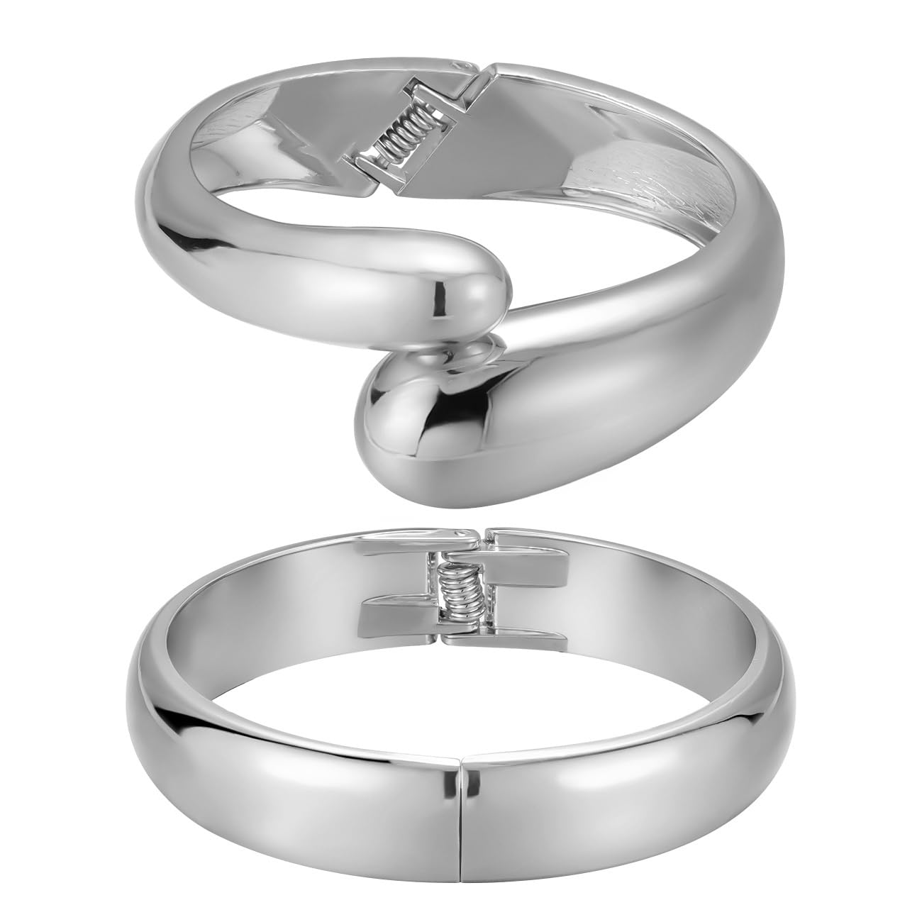 Emibele Silver Cuff Bracelet Stack, 18K Silver-plated Open Bangle Bracelet, Teardrop Hinged Wrist Chunky Bracelet Set for Women, Non Tarnish Jewelry Gift, 2 Pack