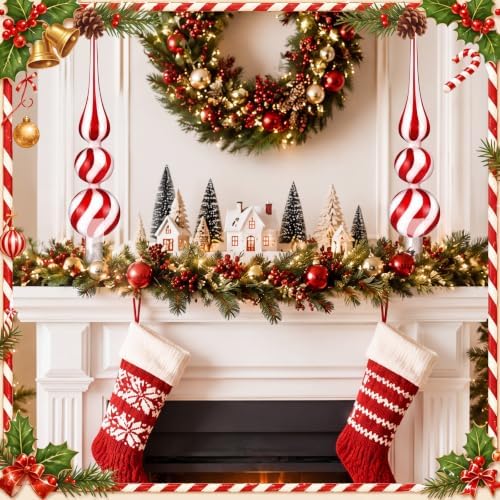Gejoy Glass Christmas Finials Tree Topper Ornaments Spherical Red and White Candy Glass Xmas Tree Topper Finials Holiday Indoor Suitable for Party Decoration, 9.8inches