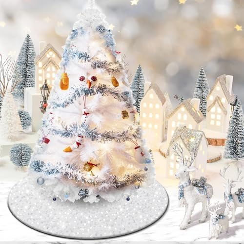 yuboo Mini White Velvet Tree Skirt 24 inch, Small Table Top Christmas Tree Skirt with Glitter Sequin for White Pearl Christmas Decorations