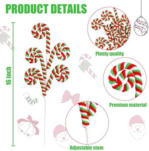 Sggvecsy 6 Pcs Christmas Tree Decoration Woolen Bells Candy Cane Shape Picks Lollipop Curly Pick Ornaments Xmas Tree Topper for Party Vase Filler Home Office Decor (Green)