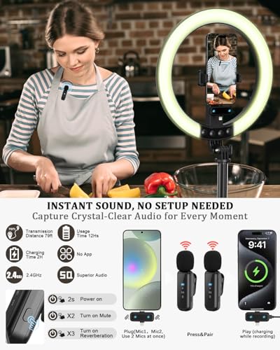 Vlogging Kit for iPhone/Android, 10” Ring Light with Stand, 74” Tripod for iPhone with Light, Microphone, YouTube Starter Kit for TikTok Content Creator