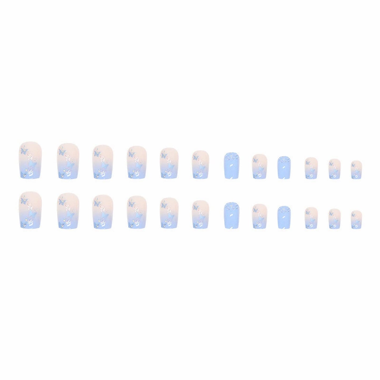 MISUD Press on Nails - Short Square Glue on Nails with Summer Blue, Acrylic Spring Butterfly Design 24 pcs
