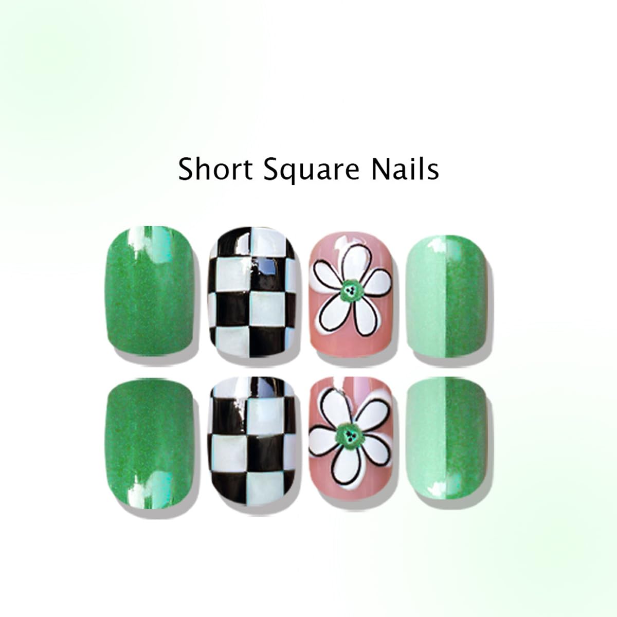 Green Press on Nails Short Square Fake Nails Spring Summer False Nails with Flower & Checkered Design Full Cover Stick on Nails for Women Manicure,Artificial | Reusable | Easy Apply | 24Pcs
