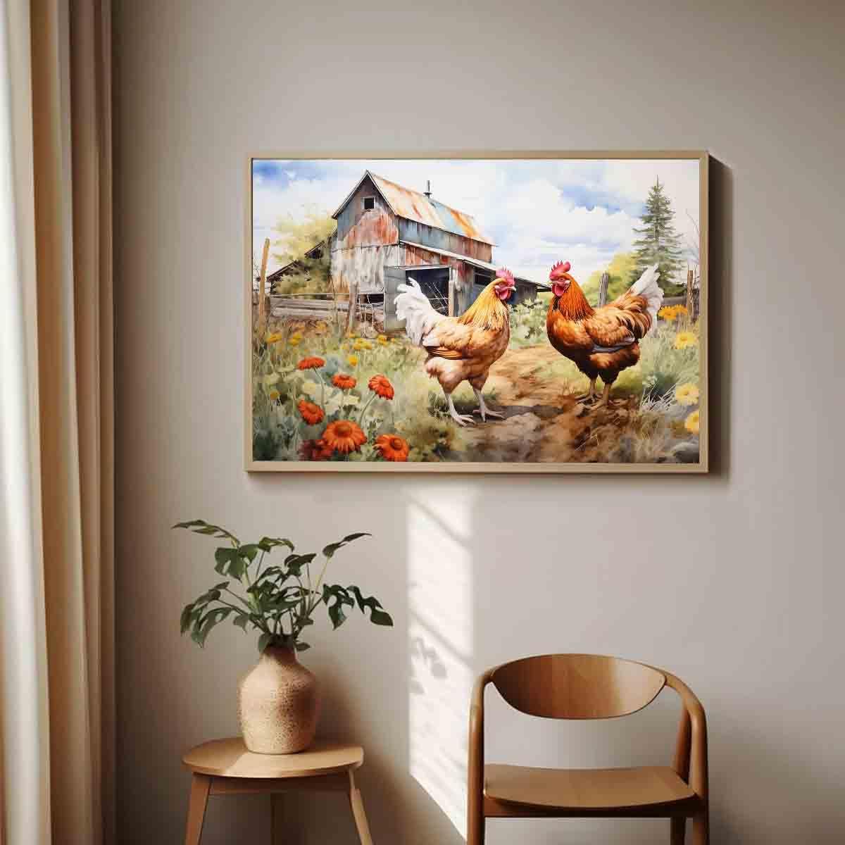 Chicken Farm Wall Art Rustic Country Painting Chickens Pictures Vintage Countryside Canvas Wall Art Barn Rustic Farmhouse Pictures Animals Wildflower Painting Living Room Decor 16x24inch No Frame