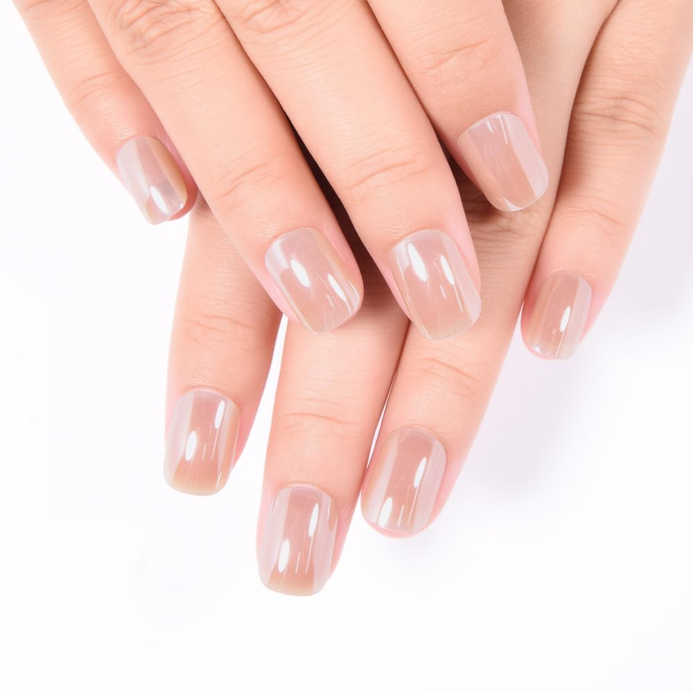 evpct Nude Glazed Press on Nails Short Square No Glue, Chrome Glazed Nude Fake Nails for Women Gift, Reusable Full Cover Soft Press on Fake Nail, Glossy Glitter Stick on False Nail Kit Salon Quality