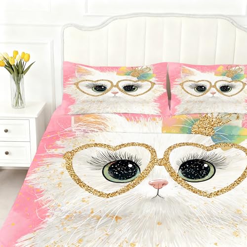 Girls Cat Themed Fitted Sheet Set Full Size Pink Glitter Cat with Heart Glasses Print Sheet Set Kawaii Bow Kitten Bedding for Kids Toddler Bedroom 1 Fitted Sheet + 1 Flat Sheet + 2 Pillowcases - color: Cat 09, size: Full