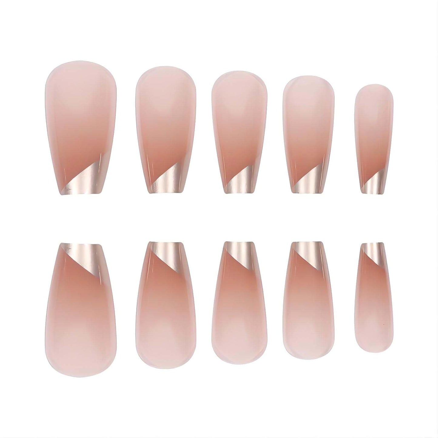 RUOKEXIN Medium Press on Nails Coffin Fake Nails with Designs Nude Gradient Acrylic False Nails with Glue French Gold Tip Artificial Nails Glossy Fake Fingernails Stick on Nails for Women 24Pcs