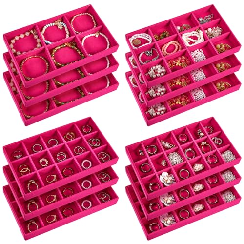 Junkin 12 Pcs Jewelry Tray Velvet Stackable Jewelry Organizer Trays Divided Earring Accessories Storage Containers Box (Rose Red) - color: Rose Red