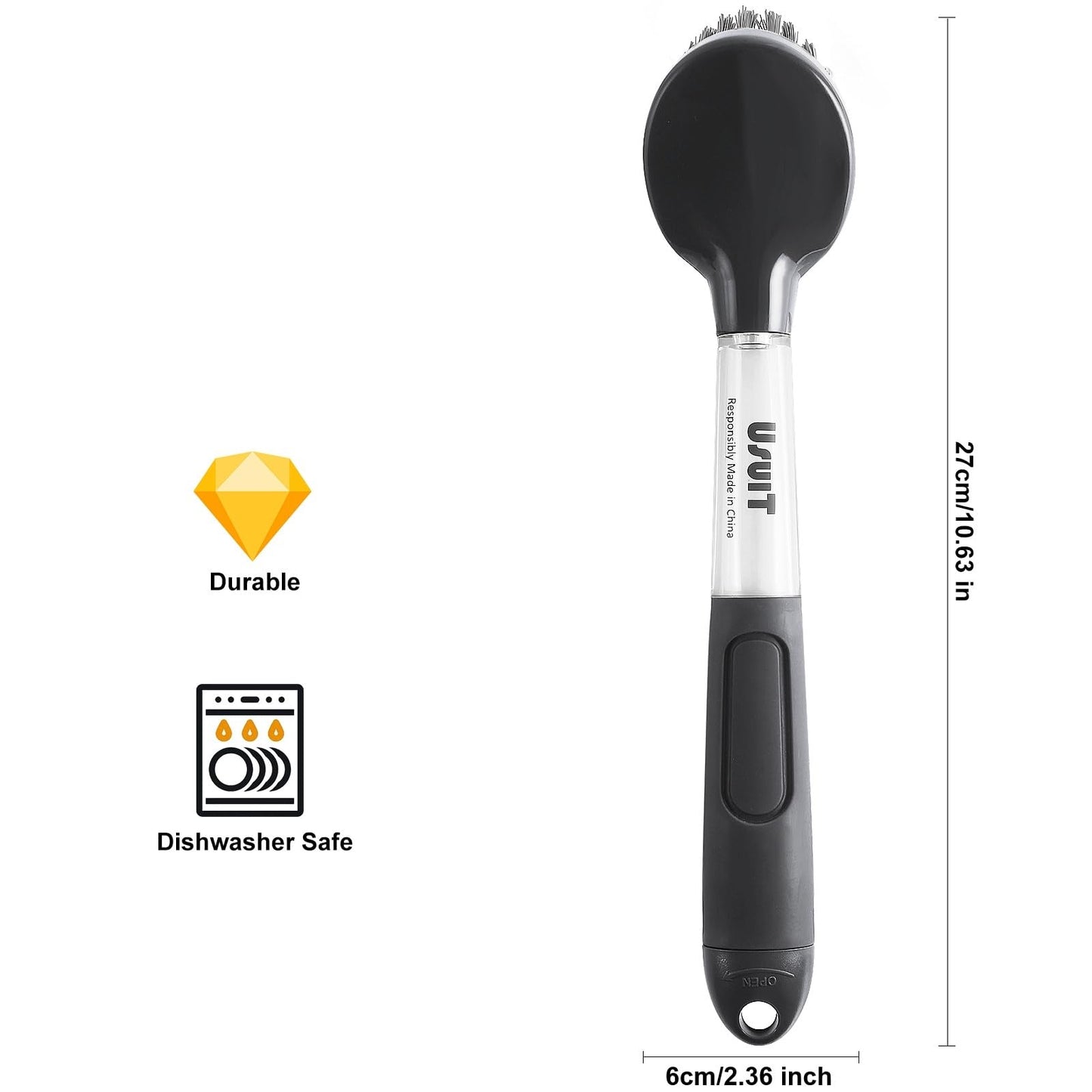 Usuit Soap Dispensing Dish Brush (2 Pack) – Ergonomic Kitchen Scrub Brush with Soap Dispenser Handle – Non-Slip Dish Scrubber for Pot, Pan, and Sink Cleaning – Easy-to-Handle Washing Brushes for Home