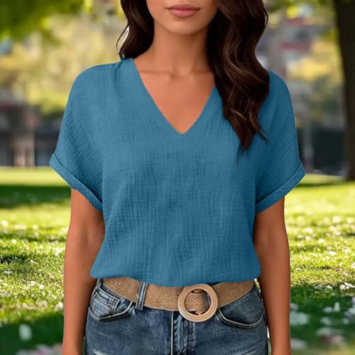 Womens Shirts Cotton Linen v Neck Short Sleeve Blouses Casual Loose Fit Textured Summer Pullovers Daily Wear - color: A04-navy, size: Large