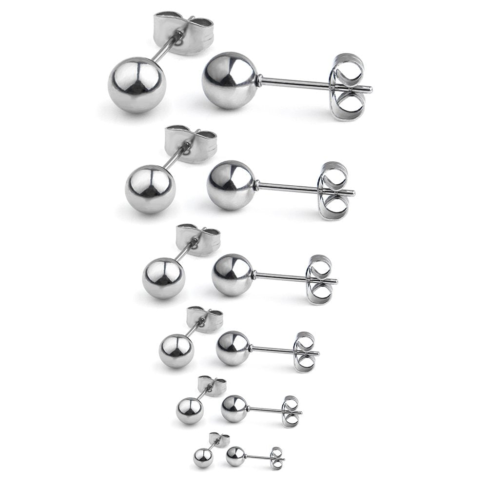 Ruifan 20G Stainless Steel Ball Stud Earrings for Men Women Round 3-8mm 6Pairs - Silver
