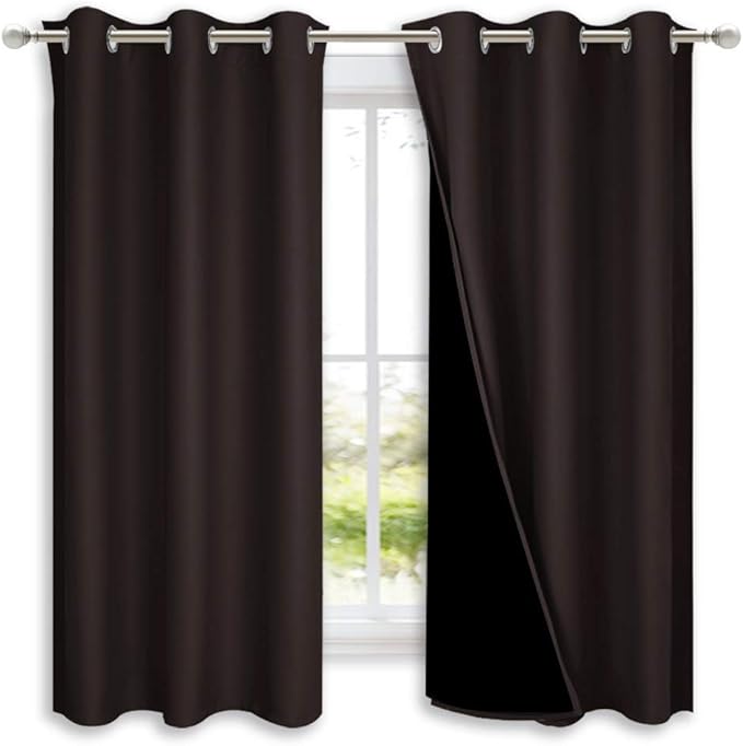 NICETOWN 100% Blackout Curtains 45 inches Long, 1 Pair, Brown, 42 inches Width Each Panel, 2 Thick Layers Completely Blackout Window Treatment Thermal Insulated Lined Drapes for Small Window